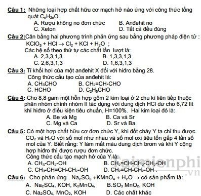 de thi trac nghiem dai hoc mon hoa
