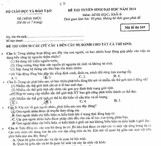 de thi dai hoc mon sinh