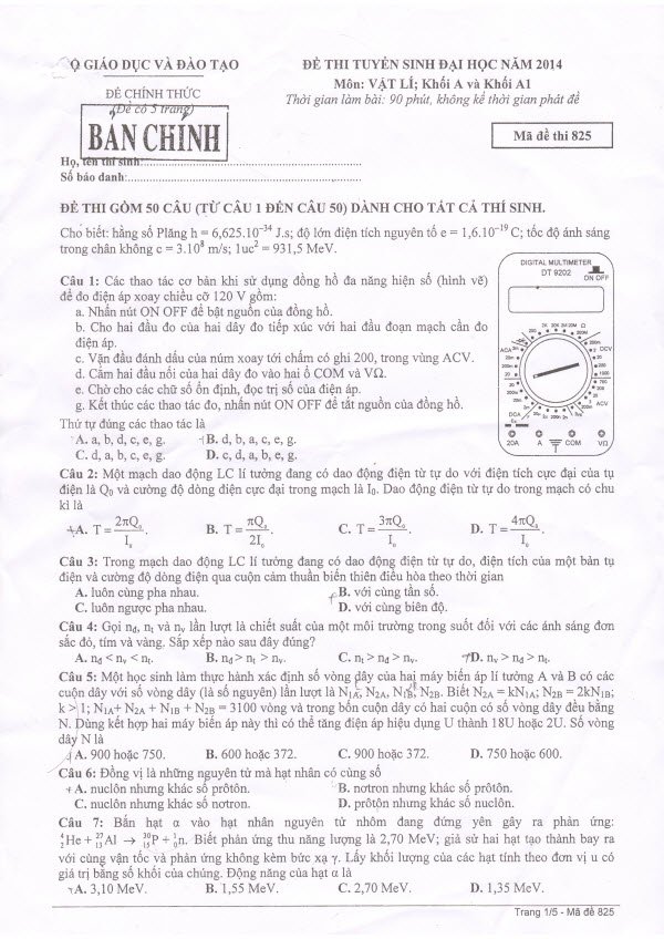 de thi dai hoc mon vat ly nam 2014