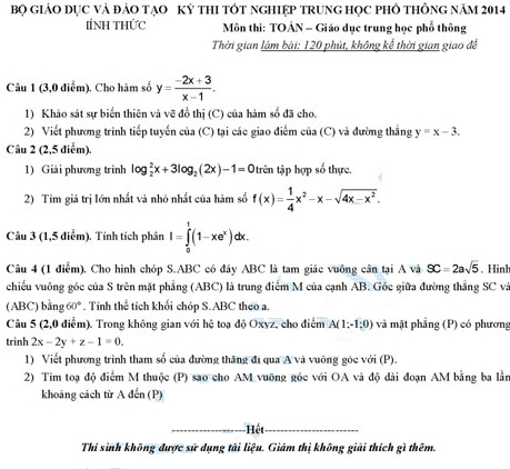 đề thi môn toán 2014
