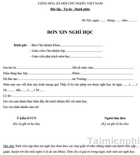 don xin phep nghi hoc