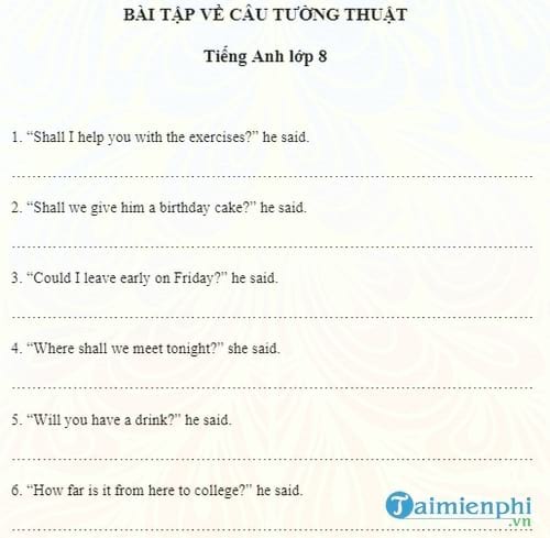 bai tap cau tuong thuat tieng anh lop 8