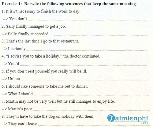 bai tap viet lai cau mon tieng anh lop 9