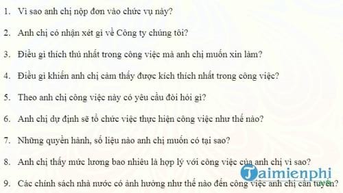 bang danh sach cau hoi phong van