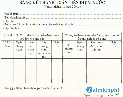 bang ke thanh toan tien dien nuoc