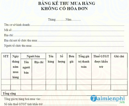 bang ke thu mua hang khong co hoa don