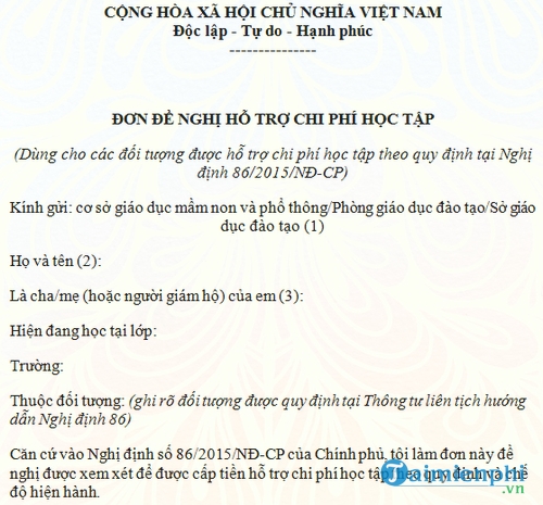 don de nghi ho tro chi phi hoc tap