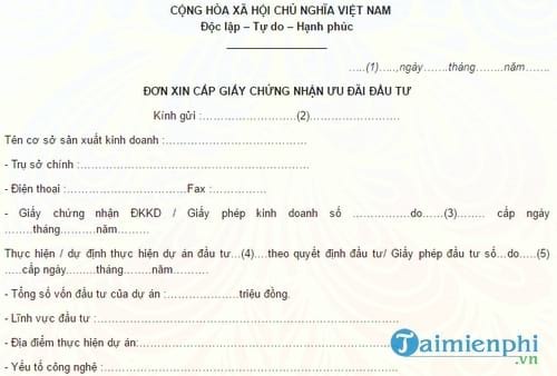 don xin cap giay chung nhan uu dai dau tu