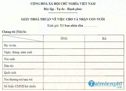giay thoa thuan ve viec cho va nhan con nuoi