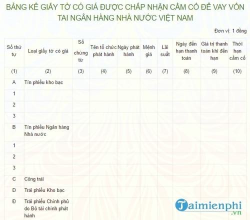 mau bang ke giay to co gia tri de cam co vay von