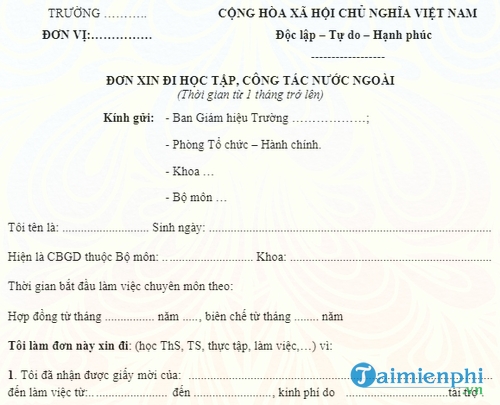 mau don xin di hoc tap cong tac nuoc ngoai