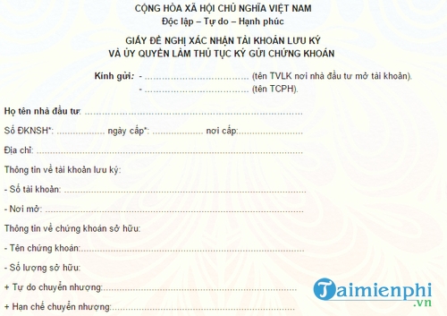 mau giay de nghi xac nhan tai khoan luu ky chung khoan