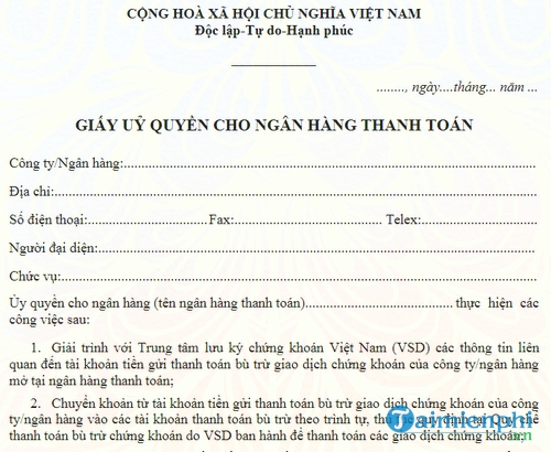 mau giay uy quyen cho ngan hang thanh toan giao dich chung khoan