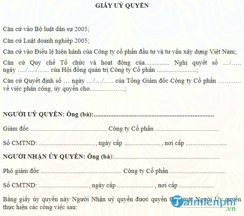 mau giay uy quyen cua giam doc cong ty co phan
