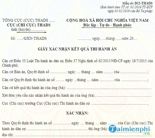 mau giay xac nhan ket qua thi hanh an