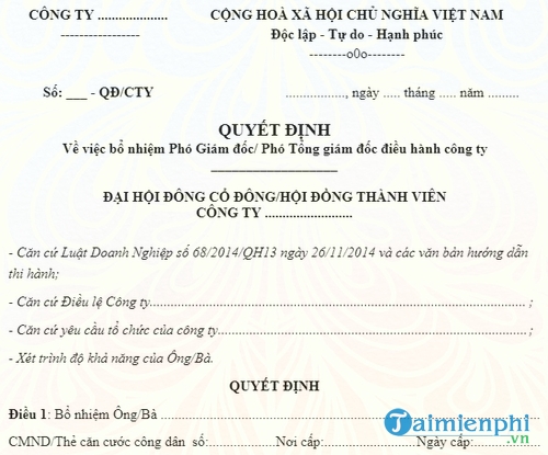 mau quyet dinh bo nhiem pho giam doc