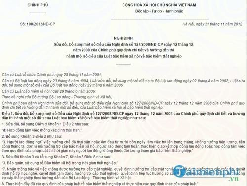 nghi dinh 100 2012 nd cp huong dan luat bao hiem xa hoi ve bao hiem that nghiep