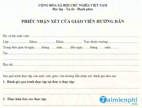 phieu nhan xet cua giao vien huong dan