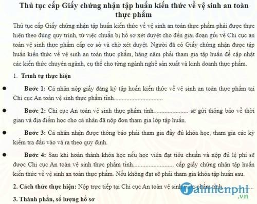 thu tuc cap giay chung nhan tap huan kien thuc ve ve sinh an toan thuc pham