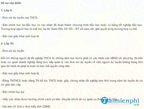 thu tuc ho so du tuyen lop 6 lop 10