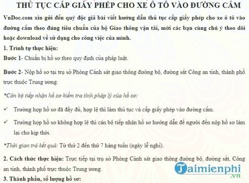 thu tuc xin cap giay phep cho xe o to vao duong cam