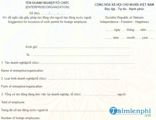 van ban de nghi cap giay phep lao dong cho nguoi lao dong nuoc ngoai