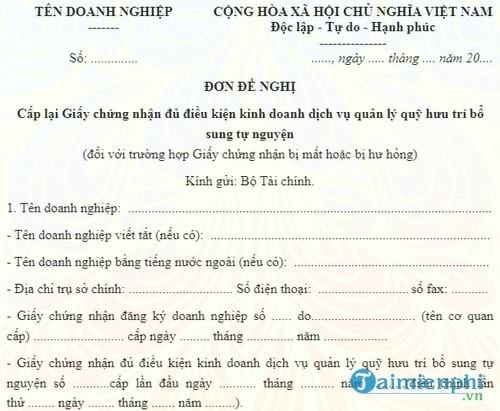 don de nghi cap lai giay chung nhan du dieu kien kinh doanh dich vu quan ly quy huu tri bo sung tu nguyen