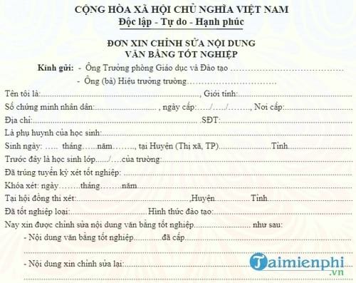 don xin chinh sua van bang tot nghiep