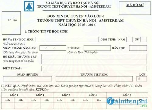 don xin du tuyen vao lop 6 truong thpt chuyen ha noi amsterdam