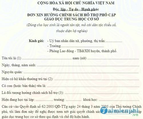 don xin huong chinh sach ho tro pho cap giao duc trung hoc co so