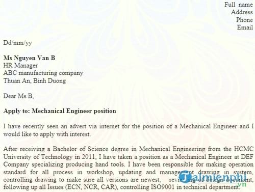 don xin viec bang tieng anh mechanical engineer
