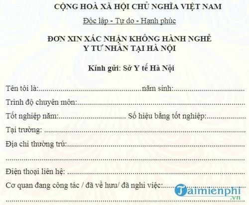 don xin xac nhan khong hanh nghe y tu nhan tai ha noi