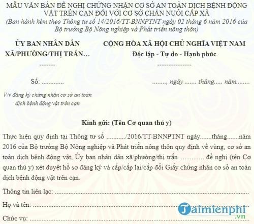 mau don de nghi chung nhan co so an toan dich benh dong vat tren can