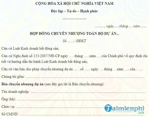 mau hop dong chuyen nhuong du an