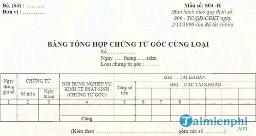 bang tong hop chung tu goc cung loai
