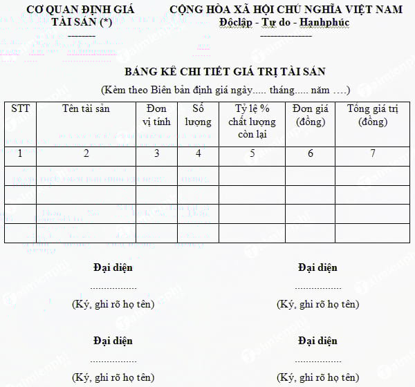 mau bang ke chi tiet gia tri tai san