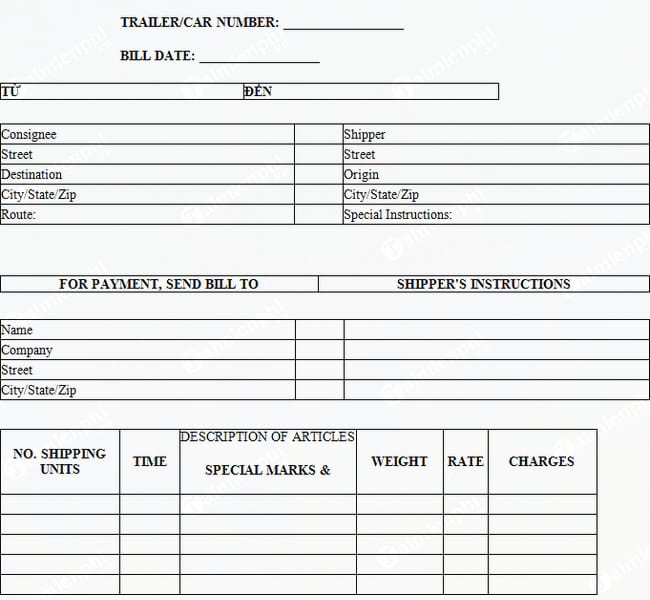 mau chung tu don hang bill of lading