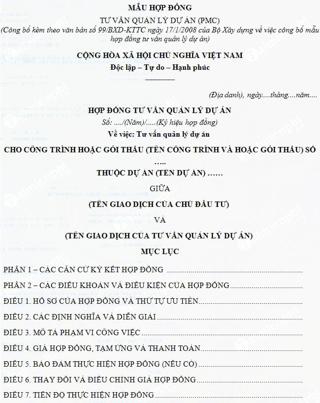 mau hop dong tu van quan ly du an