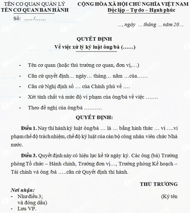 mau quyet dinh xu ly ky luat vien chuc