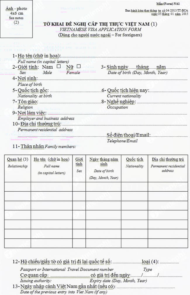 mau to khai de nghi cap thi thuc viet nam