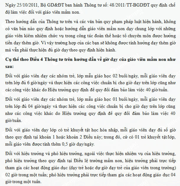 quy dinh ve gio day cua giao vien mam non