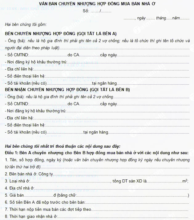 van ban chuyen nhuong hop dong mua ban nha o