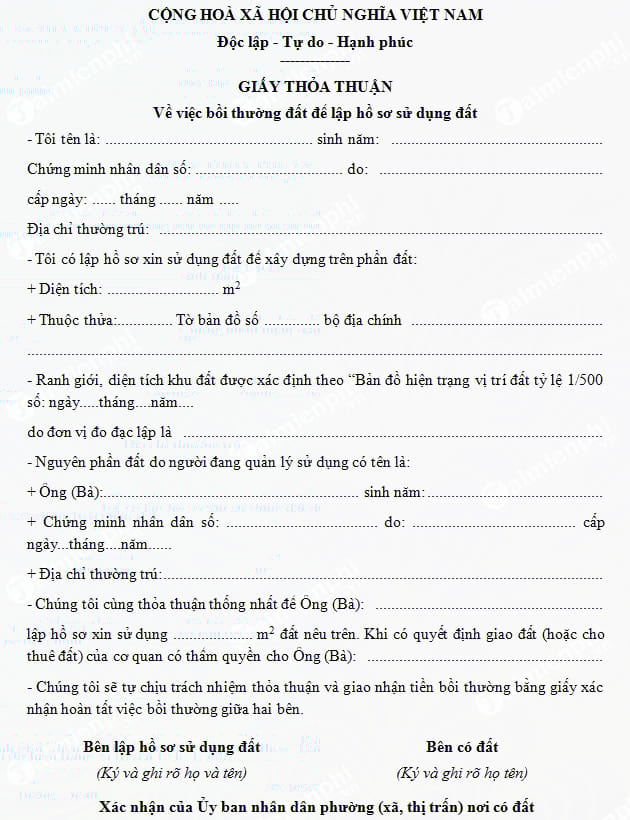 giay thoa thuan ve viec boi thuong dat de lap ho so su dung dat