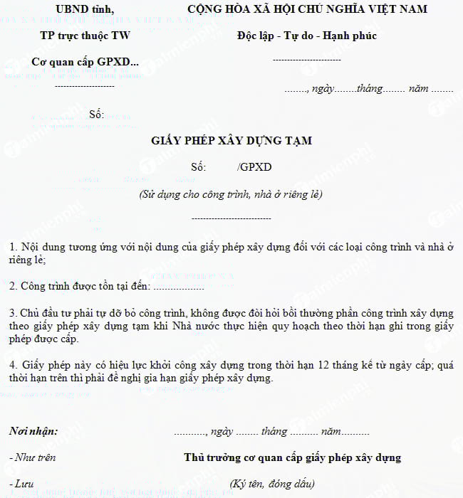 mau giay phep xay dung tam ap dung cho cong trinh nha o rieng le