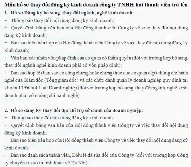 mau ho so thay doi dang ky kinh doanh cong ty tnhh hai thanh vien tro len