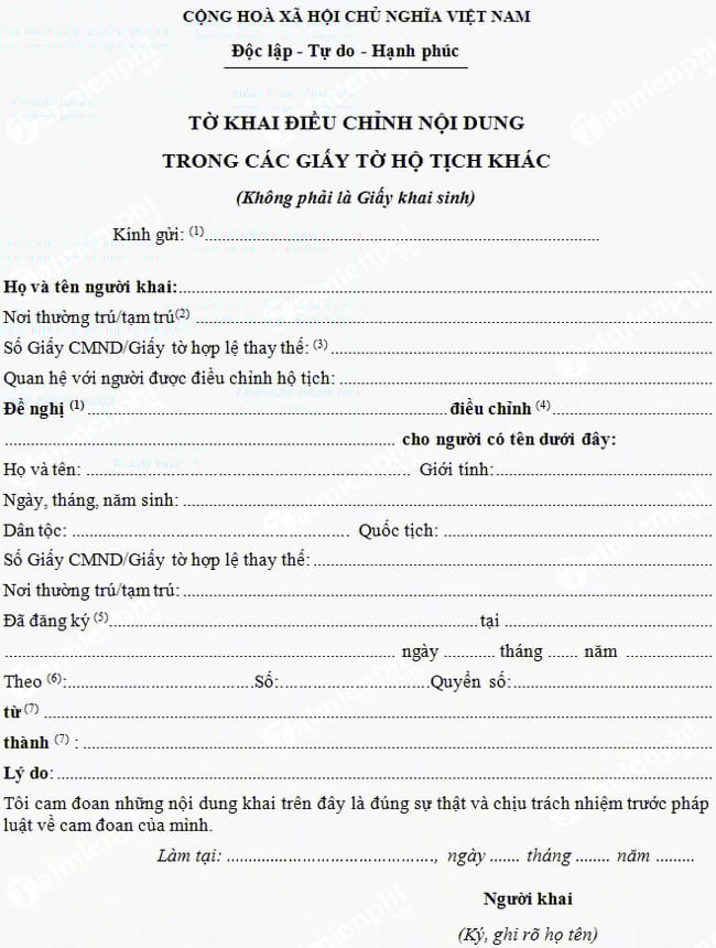 mau to khai dieu chinh noi dung trong cac giay tu ho tich khac