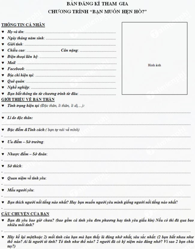 mau don dang ky tham gia chuong trinh ban muon hen ho