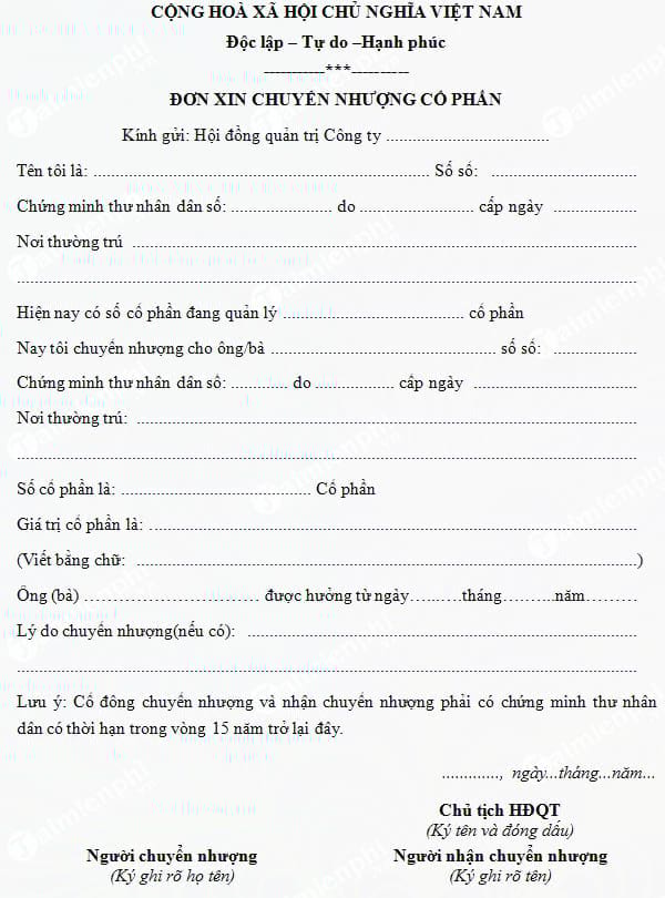 mau don xin chuyen nhuong co phan