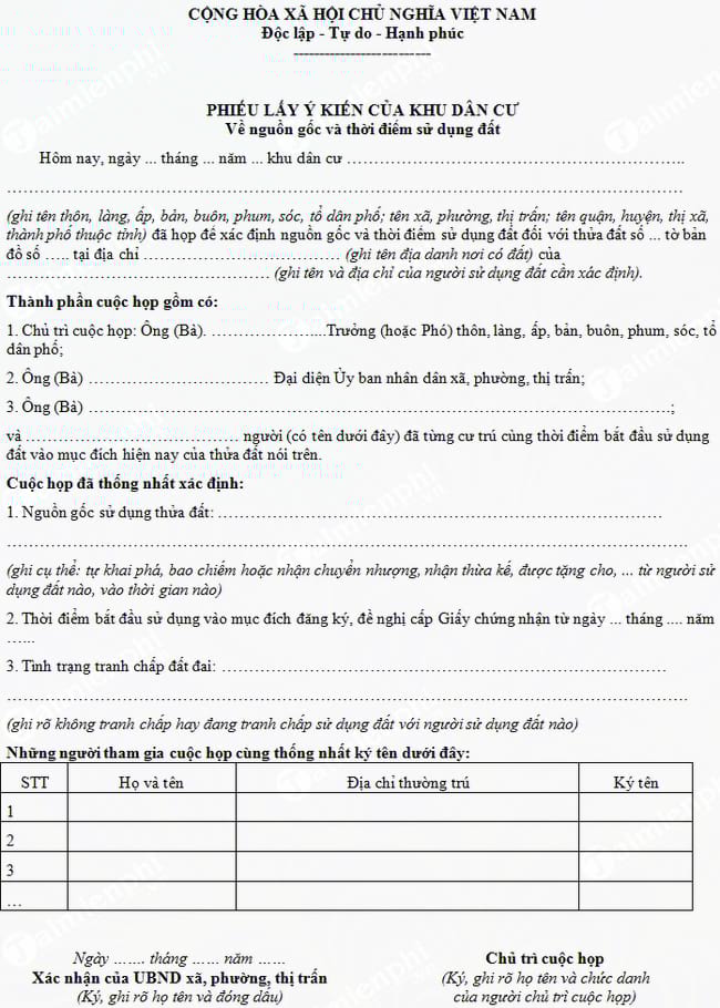 mau phieu lay y kien cua khu dan cu ve nguon goc va thoi diem su dung dat