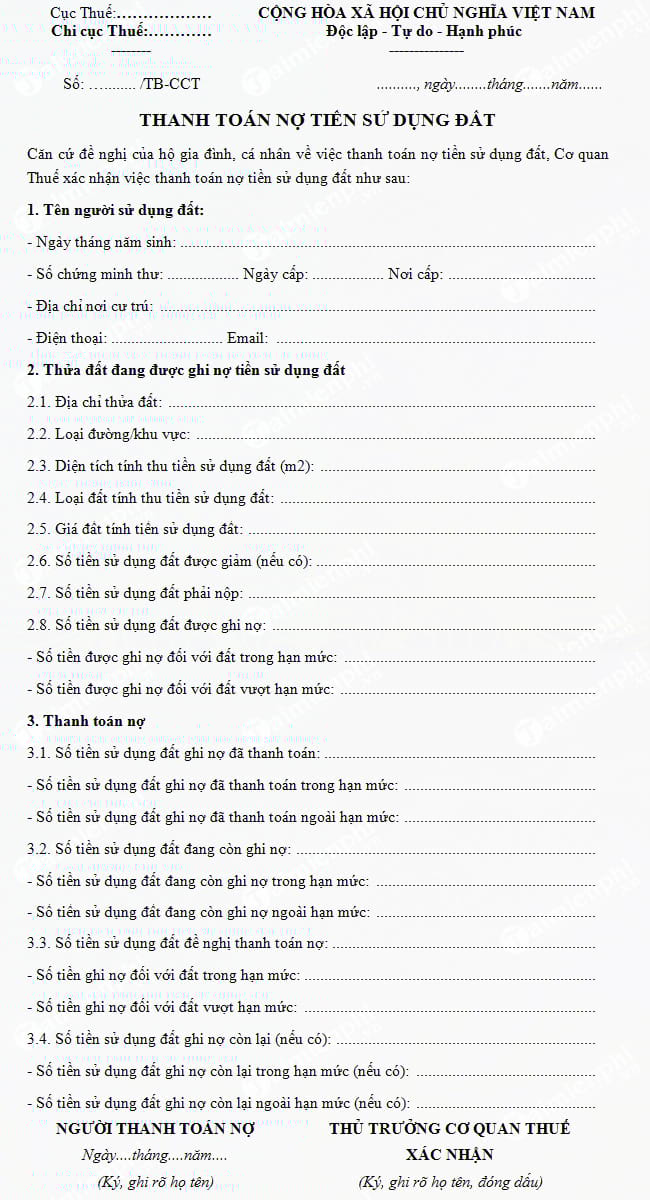 mau thanh toan no tien su dung dat